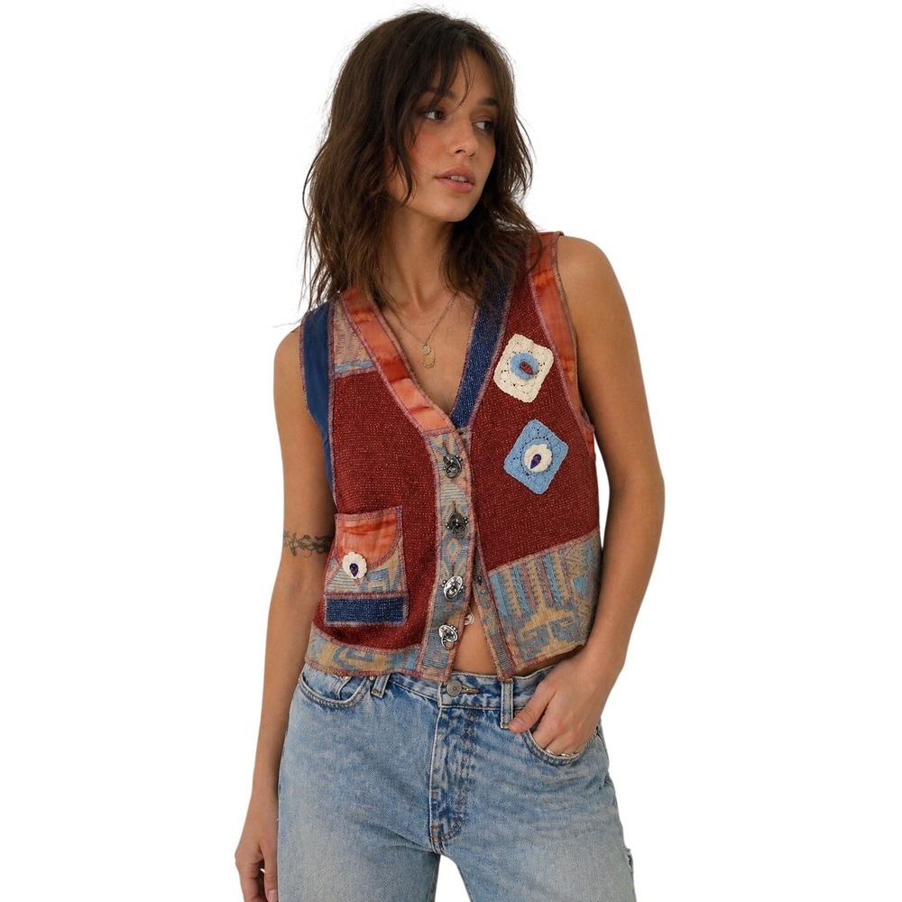 VINTAGE MOZART Wearable Art Patchwork Vest Novelty Face Button Boho maximalist